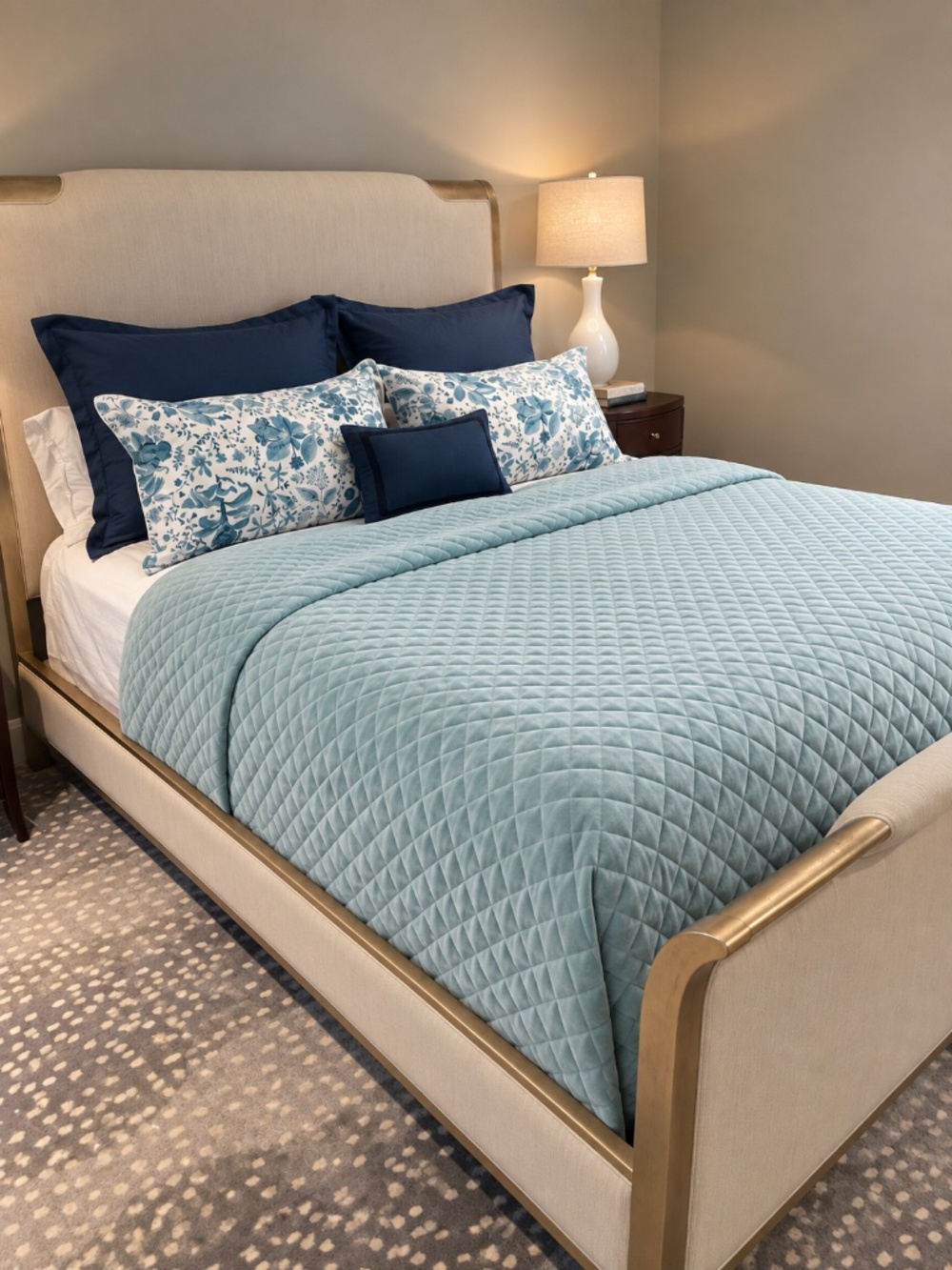 Neiman Marcus King Aqua Blue Velvet Diamond Quilted Coverlet